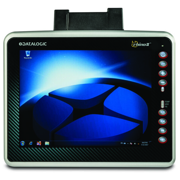 Datalogic Rhino II 12" Blackline, Capacitive Touch - 24-48VDC,WEC7 Quad Core/1.0Ghz processor, 1GB RAM, 16GB SD Flash, Laird/Summit 50 Series 802.11a/b/g/n WiFi, BT 4.0, DC Pwr Cable